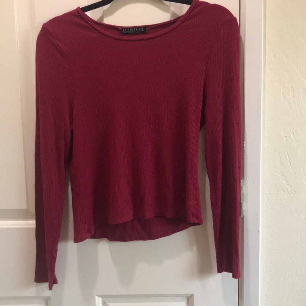 deep red ribbed long sleeve tee